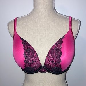 Cacique Smooth Boost Plunge Bra Padded Pink Black Lace Accent Women’s 40D 40 D